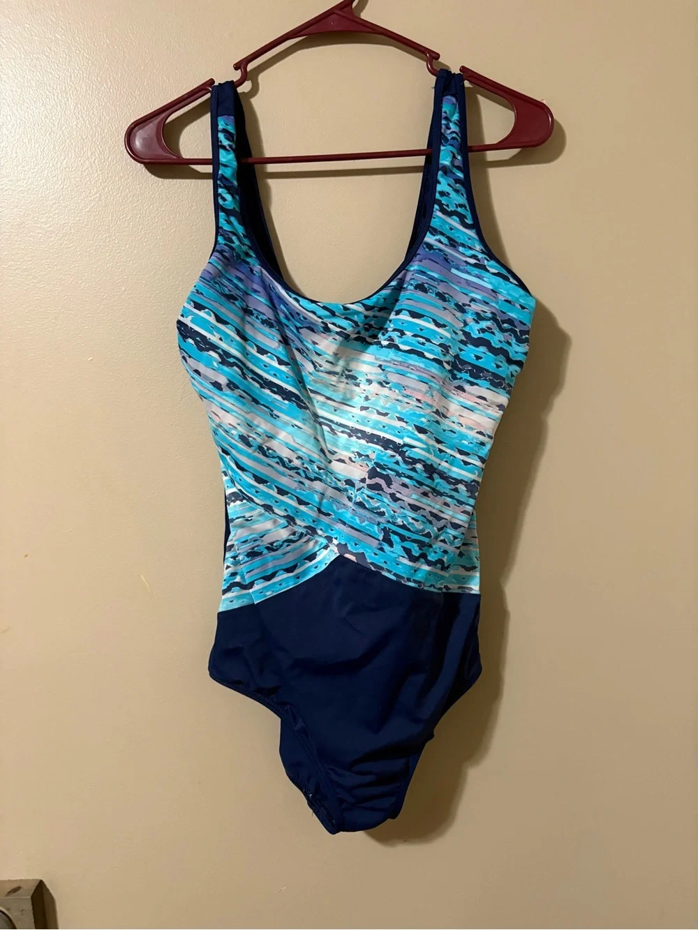 One-Piece Lands End Swimsuit in Aqua Wave Print